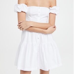 Staud Mini Elio Dress in White / Off The Shoulder Prairie Dress w/ Puffy Sleeves